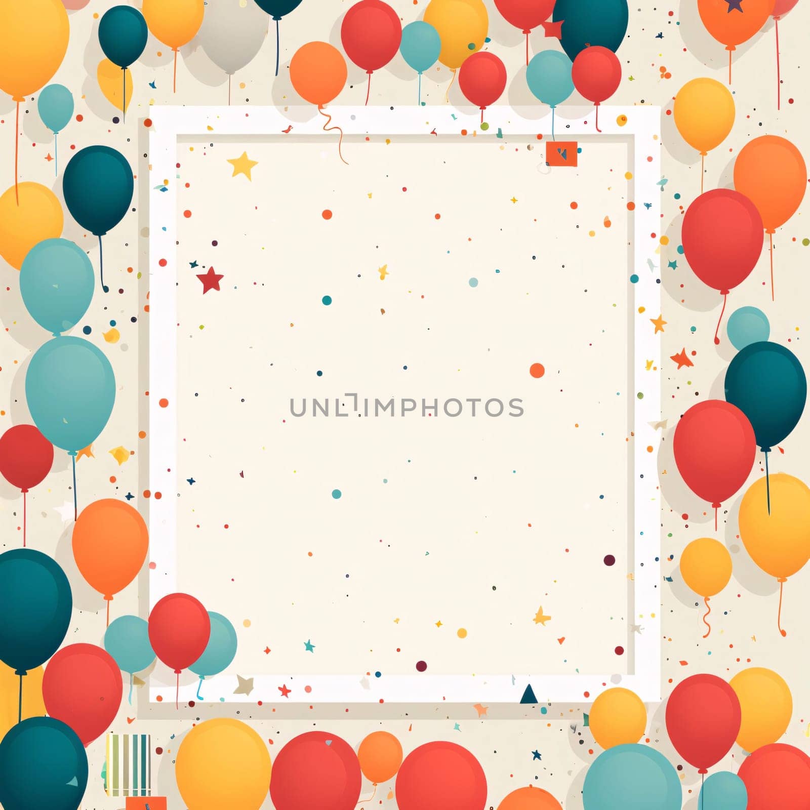 White blank card with space for your own content. Around it colorful confetti and balloons. Valentine's Day as a day symbol of affection and love. A time of falling in love and love.