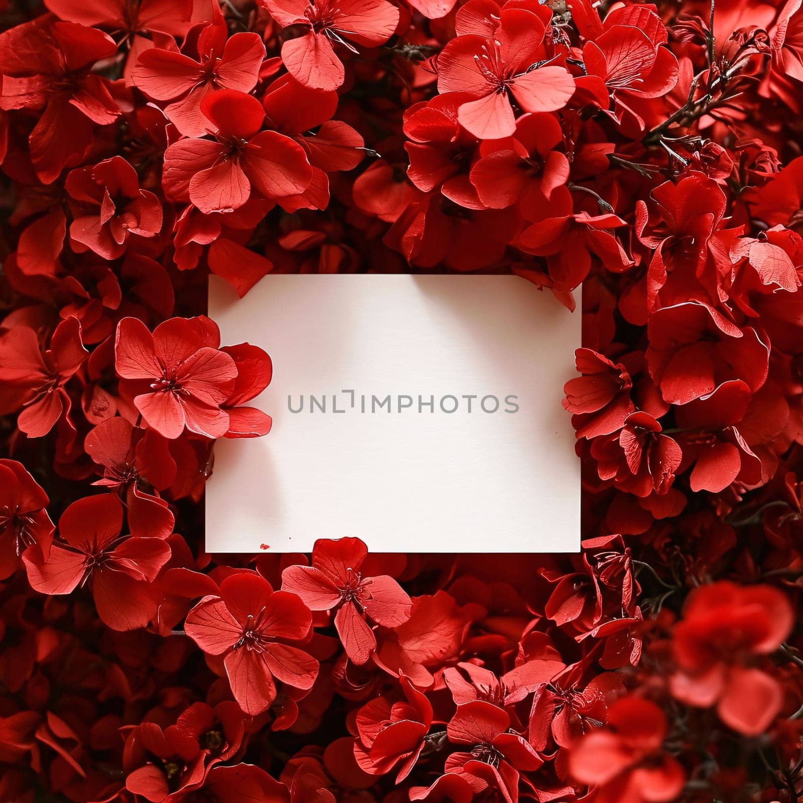 White blank card with space for your own content. Around red flowers, flower petals. Valentine's Day as a day symbol of affection and love. A time of falling in love and love.