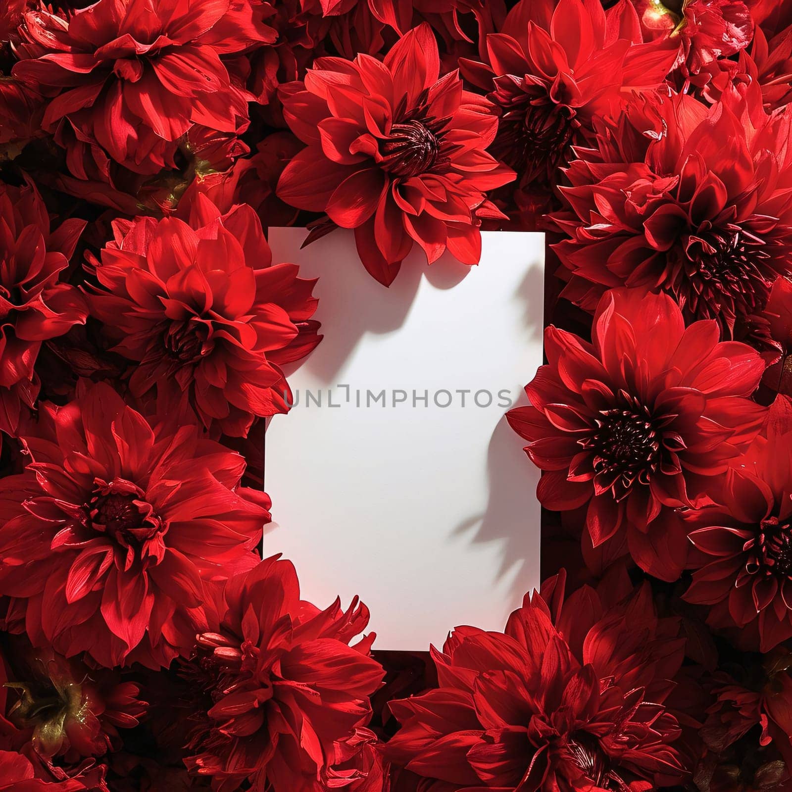 White blank card with space for your own content. Around red flowers, flower petals. Valentine's Day as a day symbol of affection and love. A time of falling in love and love.