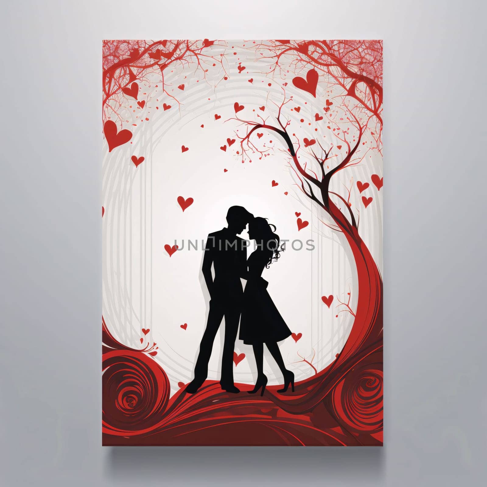 Valentine's Day card black silhouette of a couple in love around red hearts. Valentine's Day as a day symbol of affection and love. by ThemesS