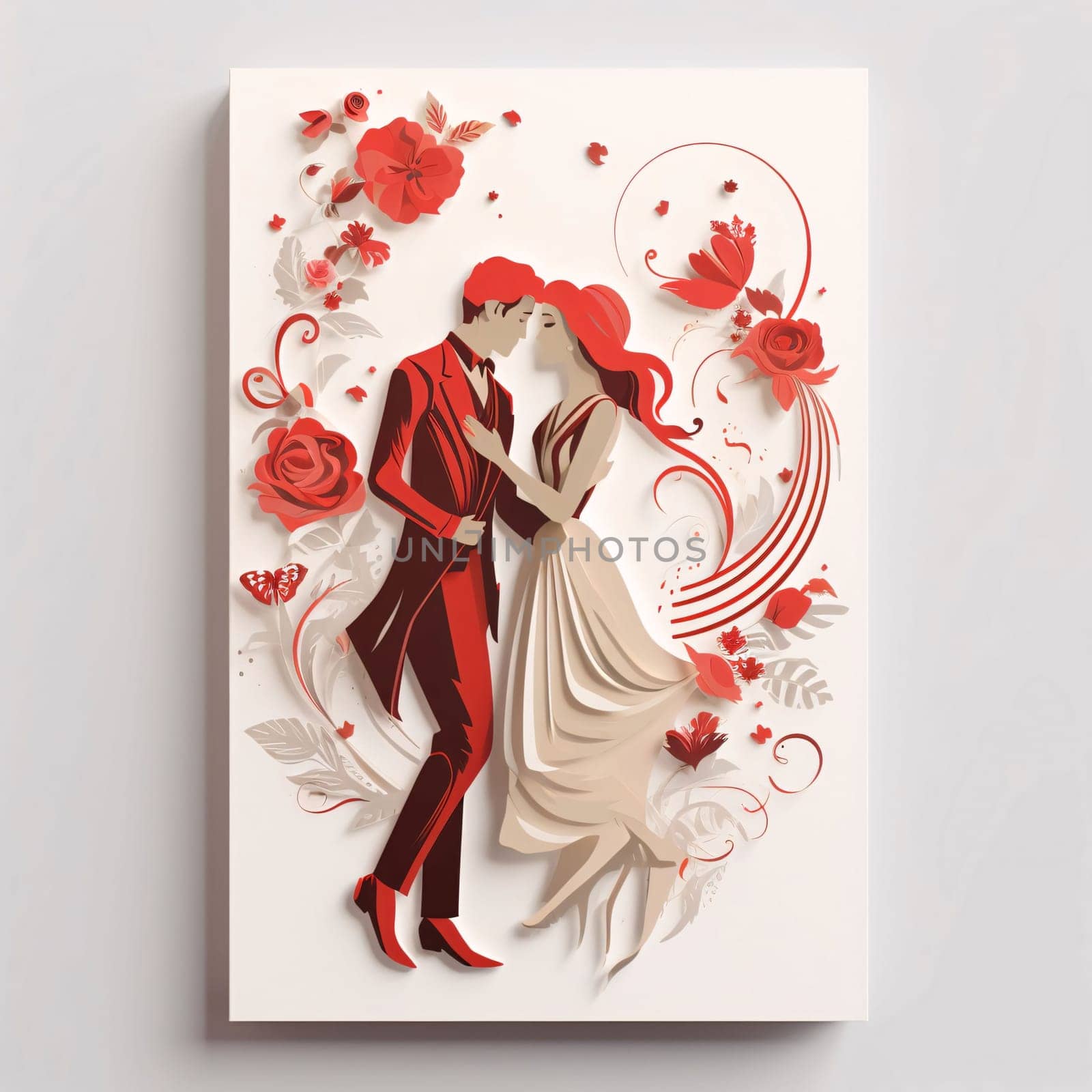 Valentine's Day card with a couple in love kissing all around red flowers heart. Valentine's Day as a day symbol of affection and love. by ThemesS