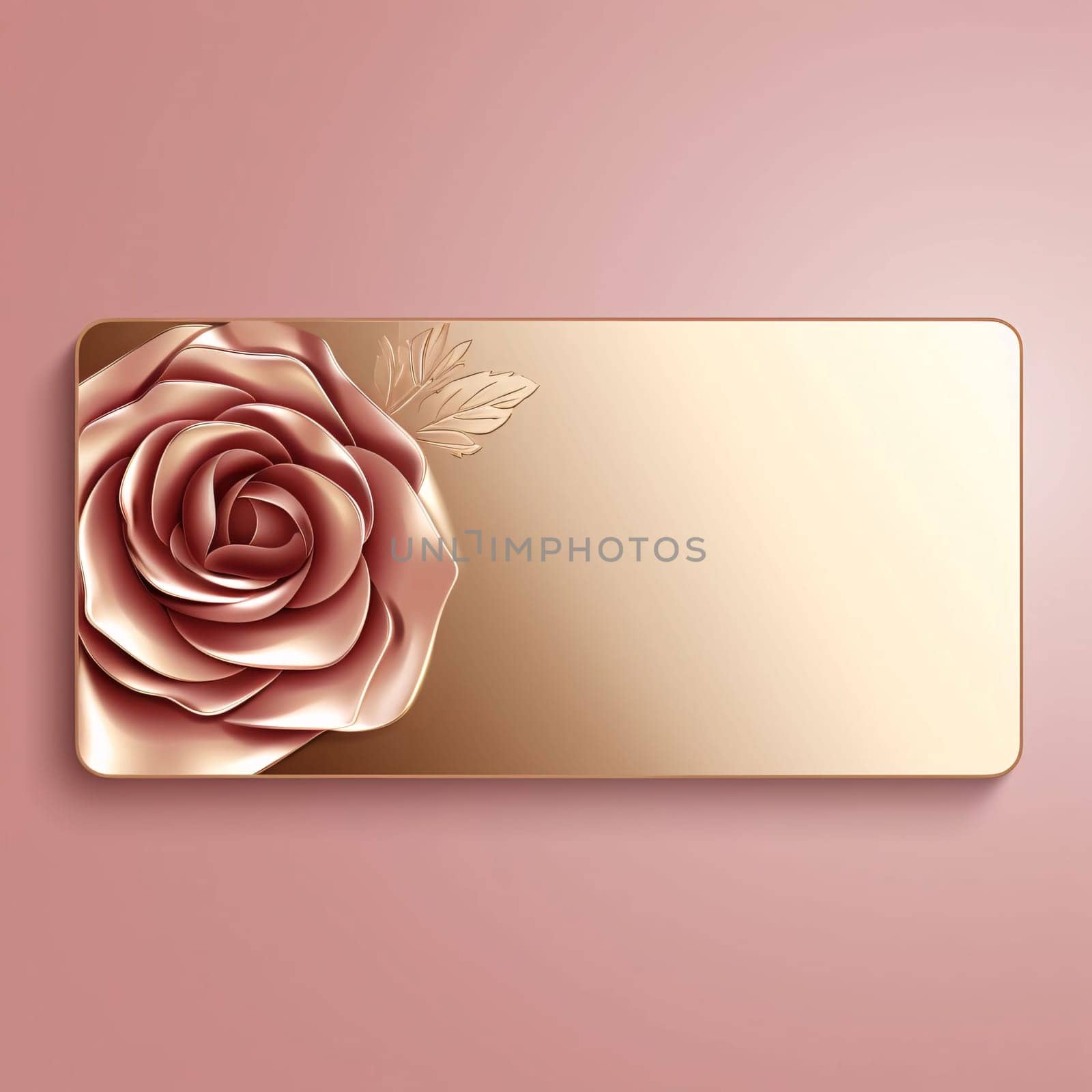 Gold blank card with painted rose flower, around pink background, space for your own content. Valentine's Day as a day symbol of affection and love. A time of falling in love and love.
