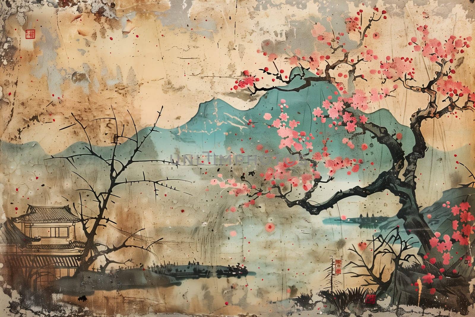 Antique Japanese poster landscape with sakura Illustration by Dustick