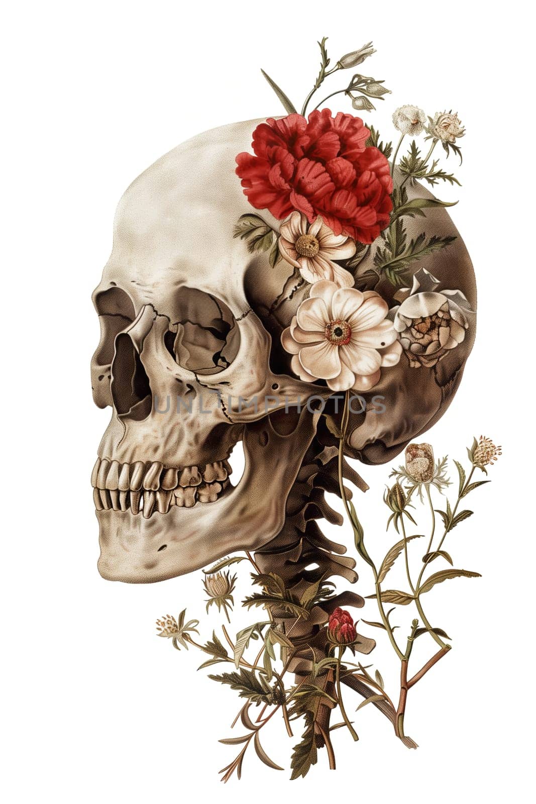 Vintage cut out Illustration of skull with flowers by Dustick