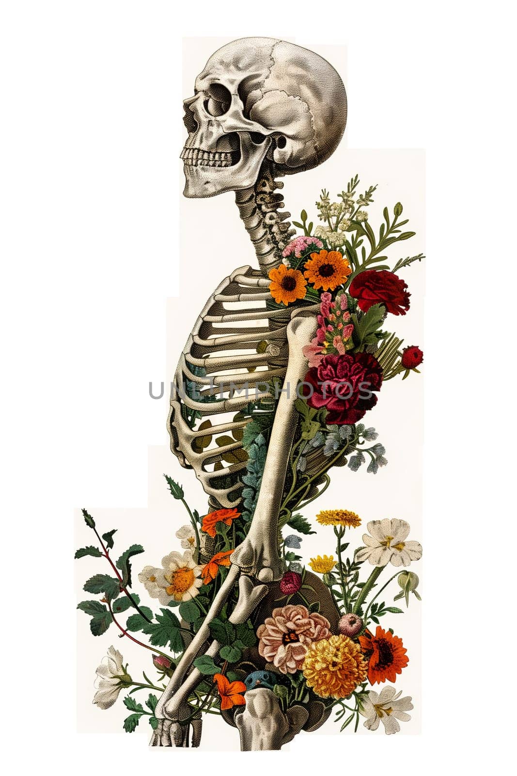 Vintage Illustration of skeleton with flowers side view by Dustick
