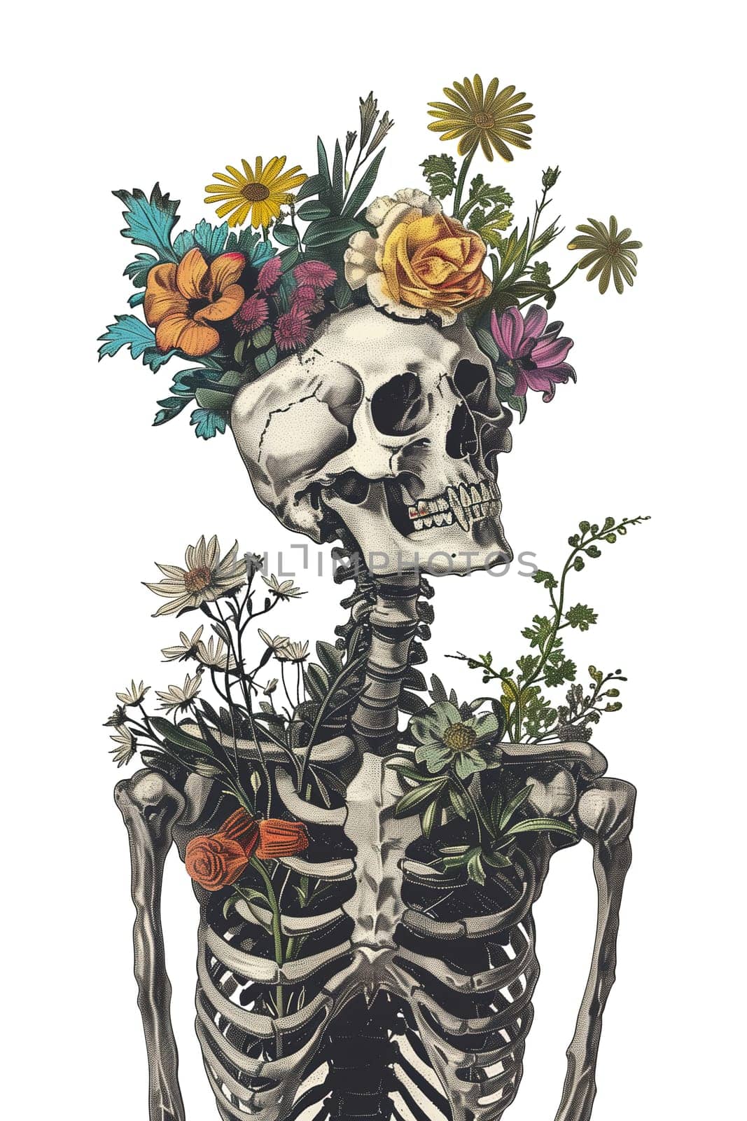 Vintage Illustration of skeleton with flowers on head by Dustick