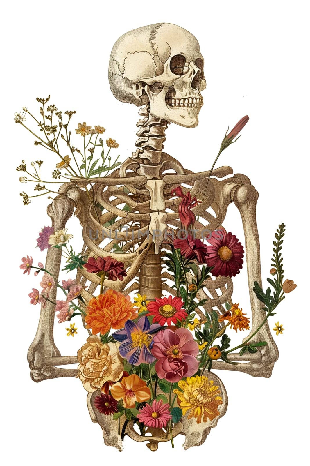 Vintage Illustration of skeleton with flowers by Dustick