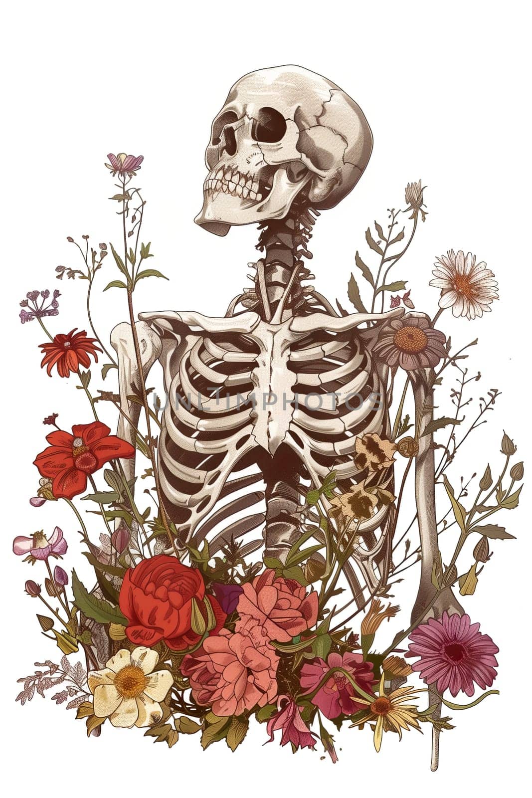 Vintage Illustration of skeleton with flowers by Dustick