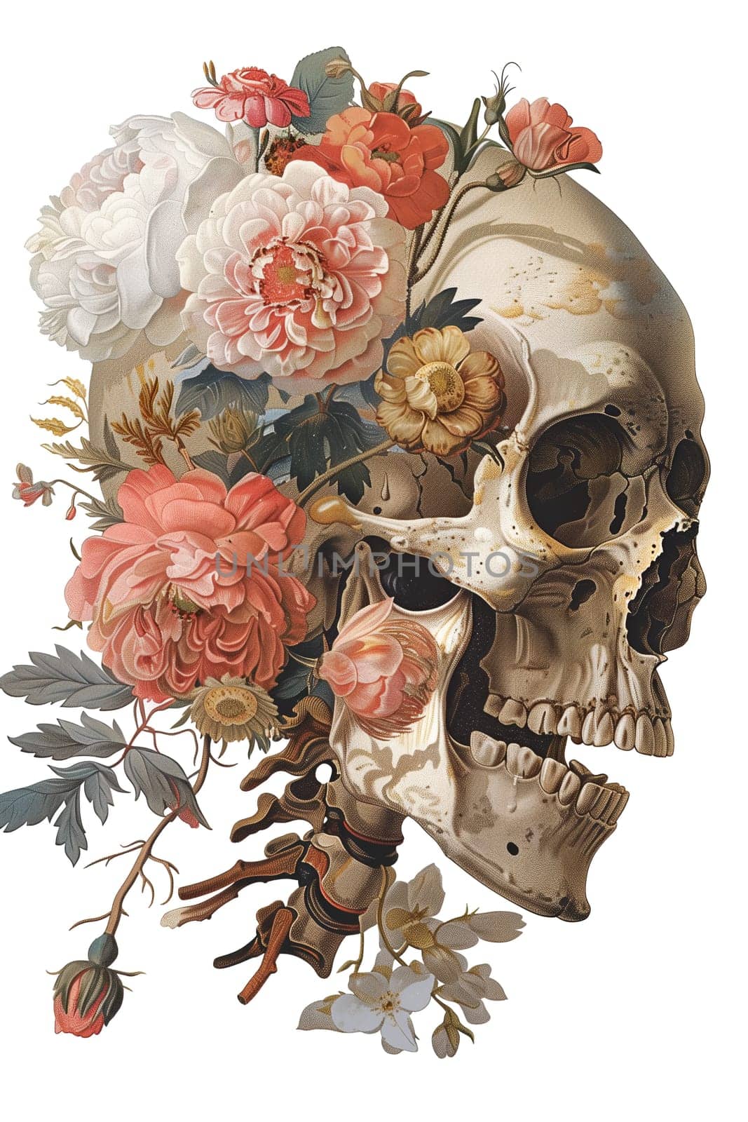 Vintage Illustration of skull with flowers by Dustick