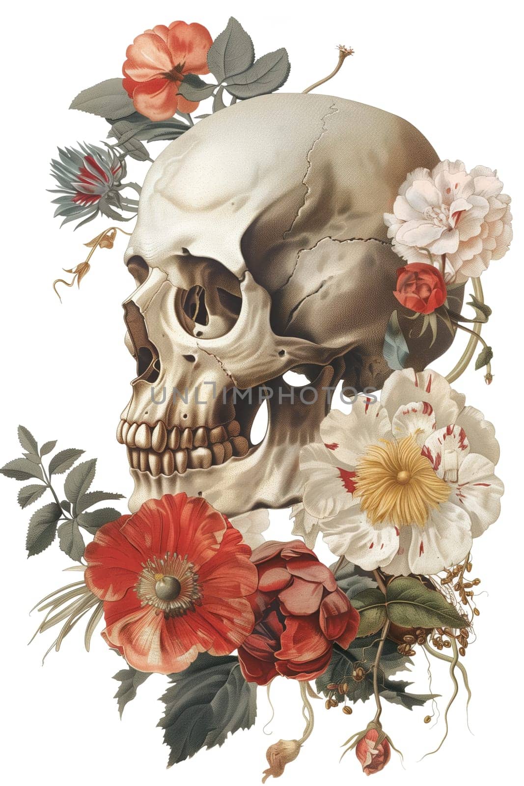 Vintage Illustration of skull with flowers side view by Dustick
