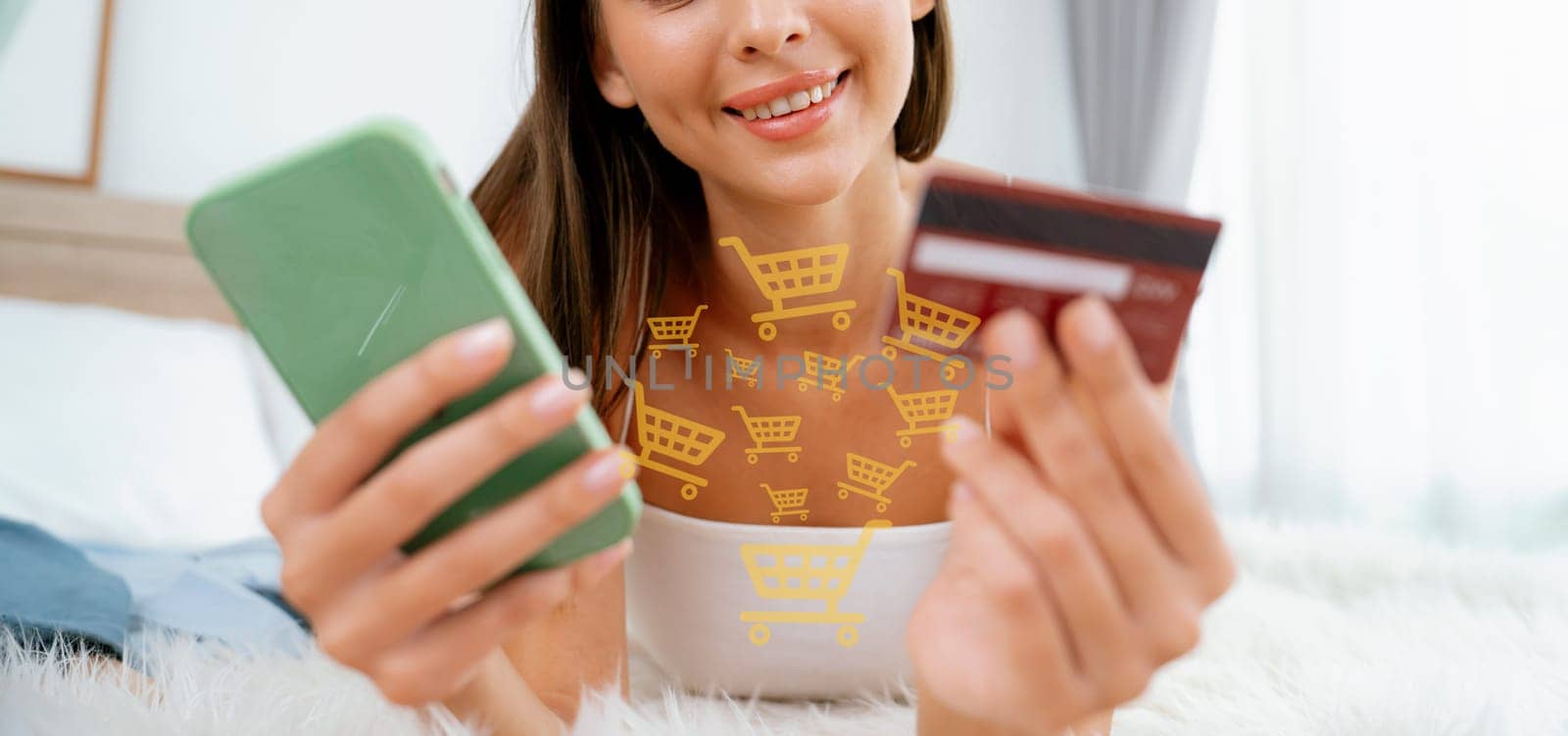 Elegant customer wearing white tank top holding credit card typing phone choosing online platform. Smart consumer opening e-commerce application use cashless technology shopping inventory. Cybercash.