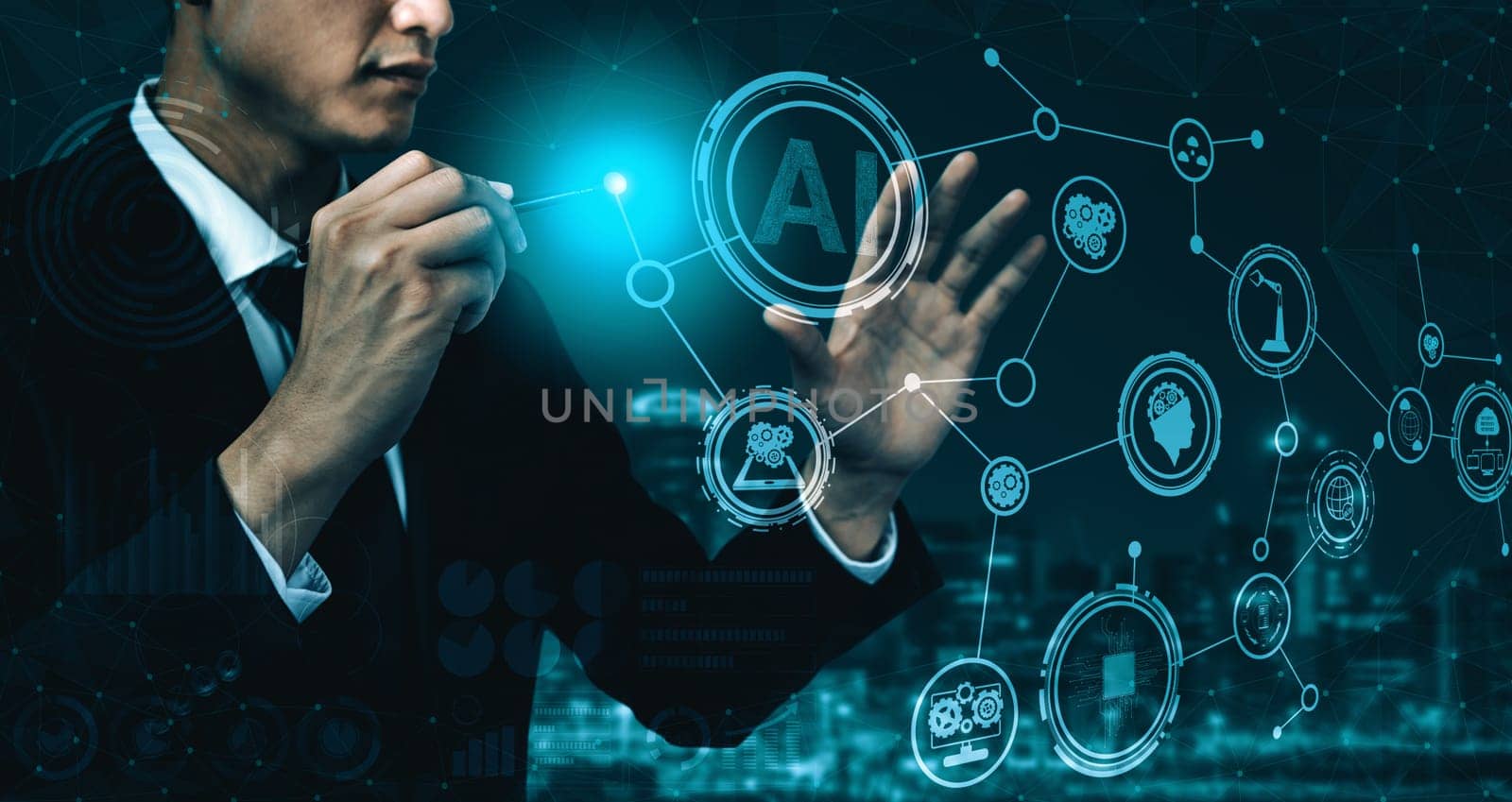 AI Learning and Artificial Intelligence Concept - Icon Graphic Interface showing computer, machine thinking and AI Artificial Intelligence of Digital Robotic Devices. uds