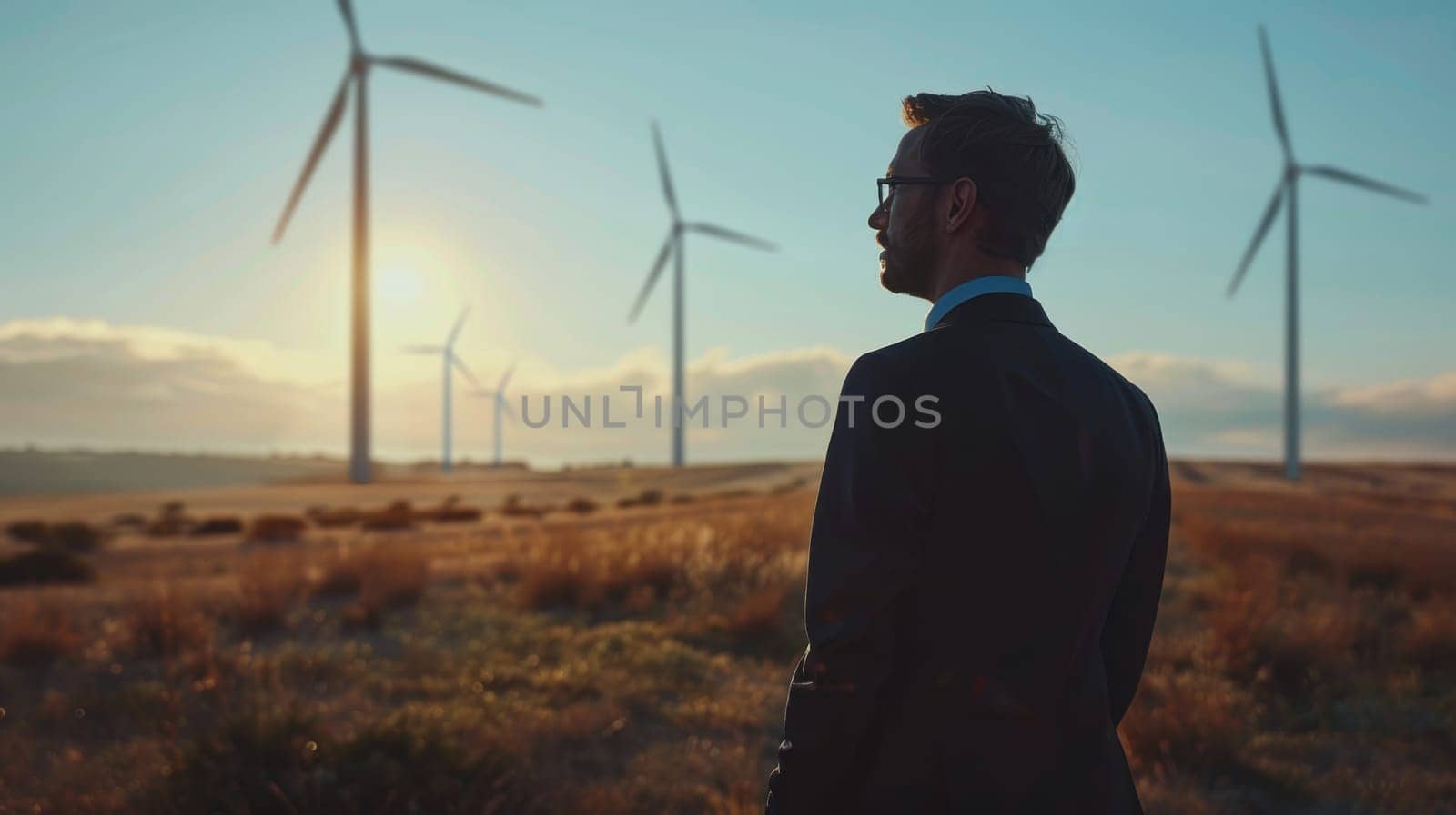 A man stands in a field of wind turbines.