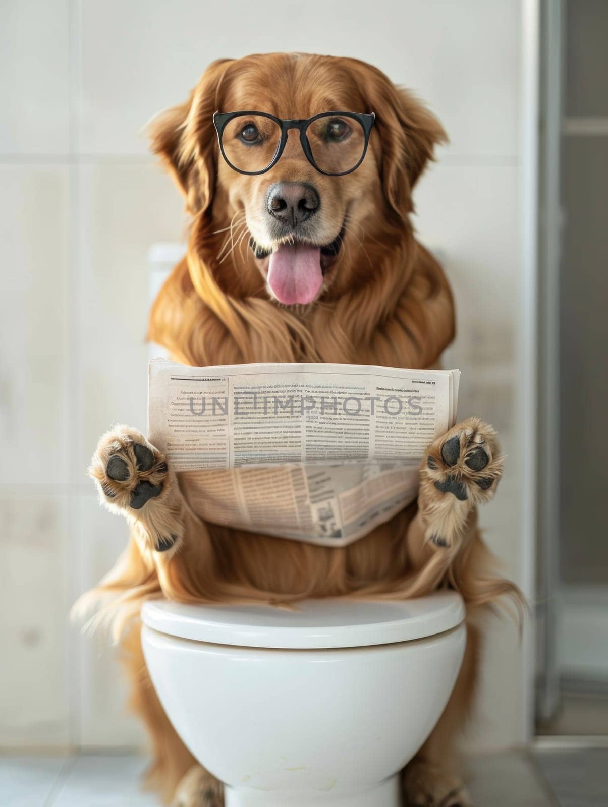 A dog is sitting on a toilet and reading a newspaper by golfmerrymaker