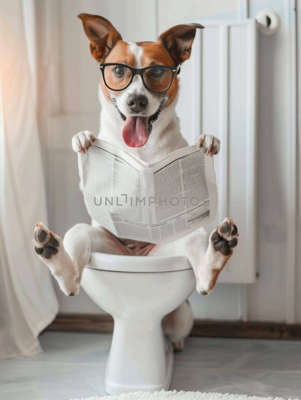 A dog is sitting on a toilet and holding a newspaper. The dog is wearing glasses and has a tongue sticking out. Concept of humor and playfulness