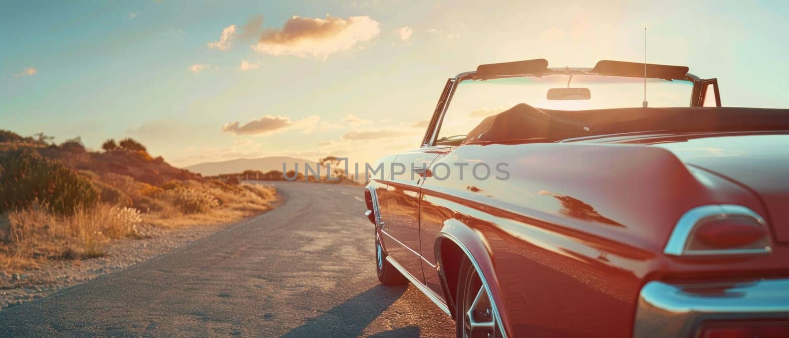 A red convertible is parked on a road with a beautiful sunset in the background by golfmerrymaker