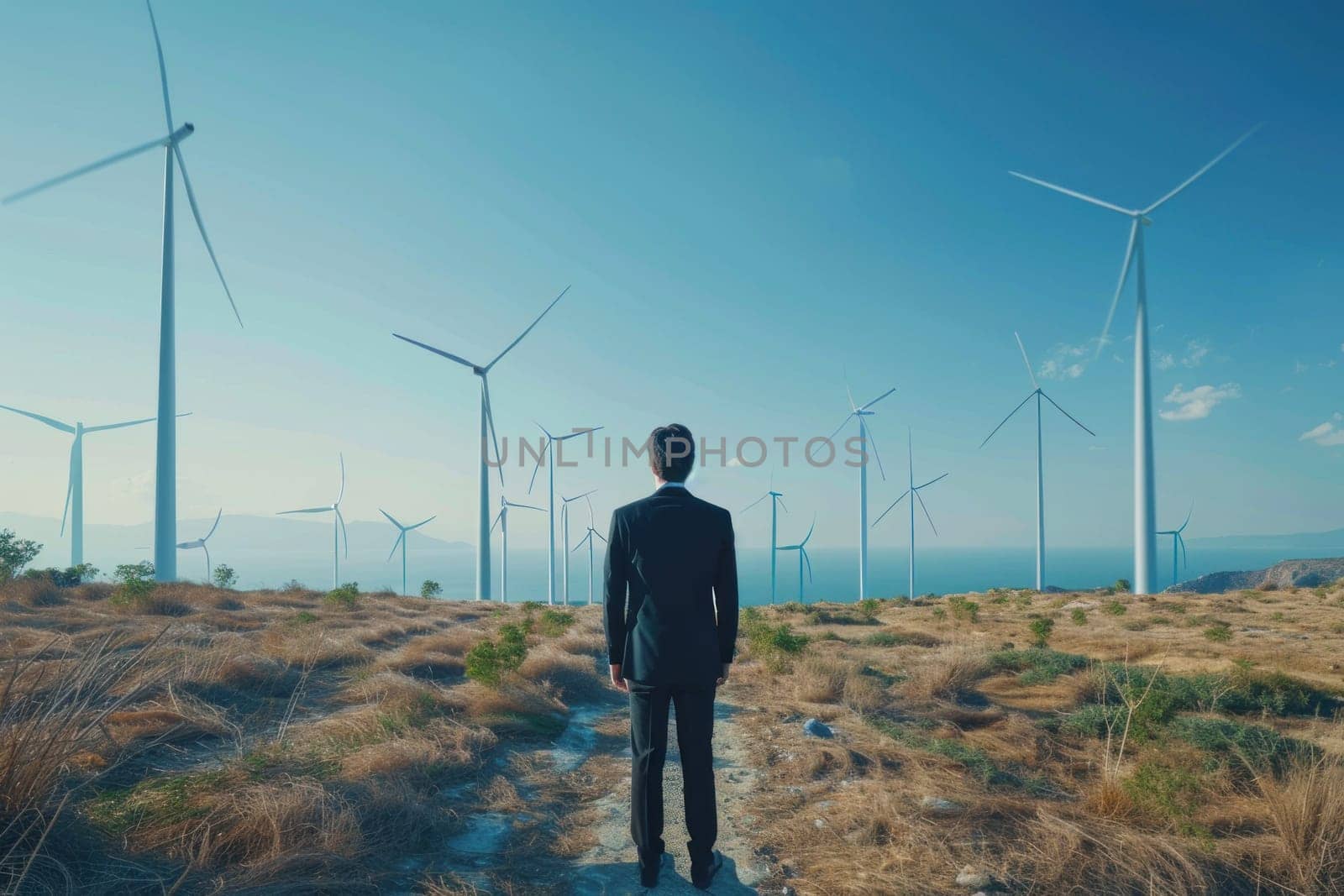 A man stands in a field of wind turbines. Concept of awe and wonder at the power of nature and the potential of renewable energy. The man's suit and tie suggest a professional or business setting