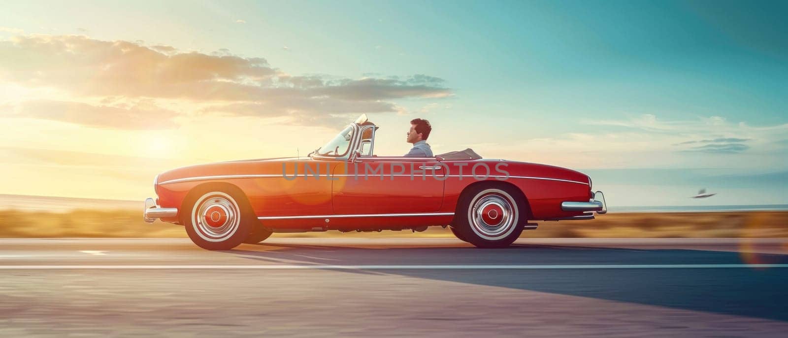 A man is driving a red convertible on a road by golfmerrymaker