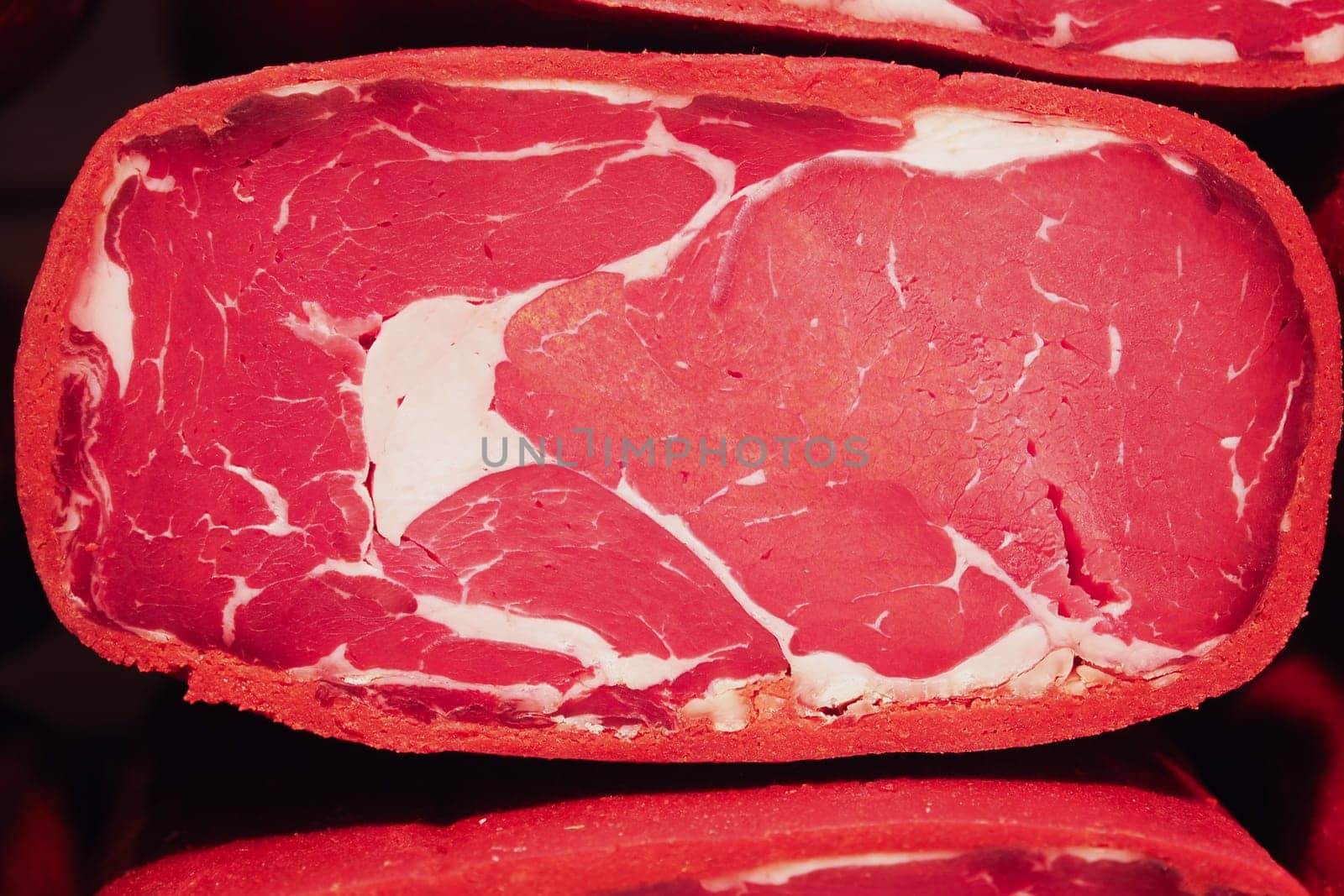 Sliced dry ham bacon meat.