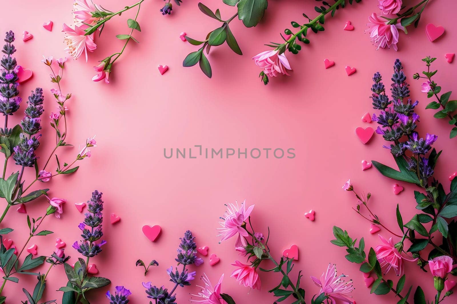 A pink background with pink flowers and hearts.ai generative by matamnad