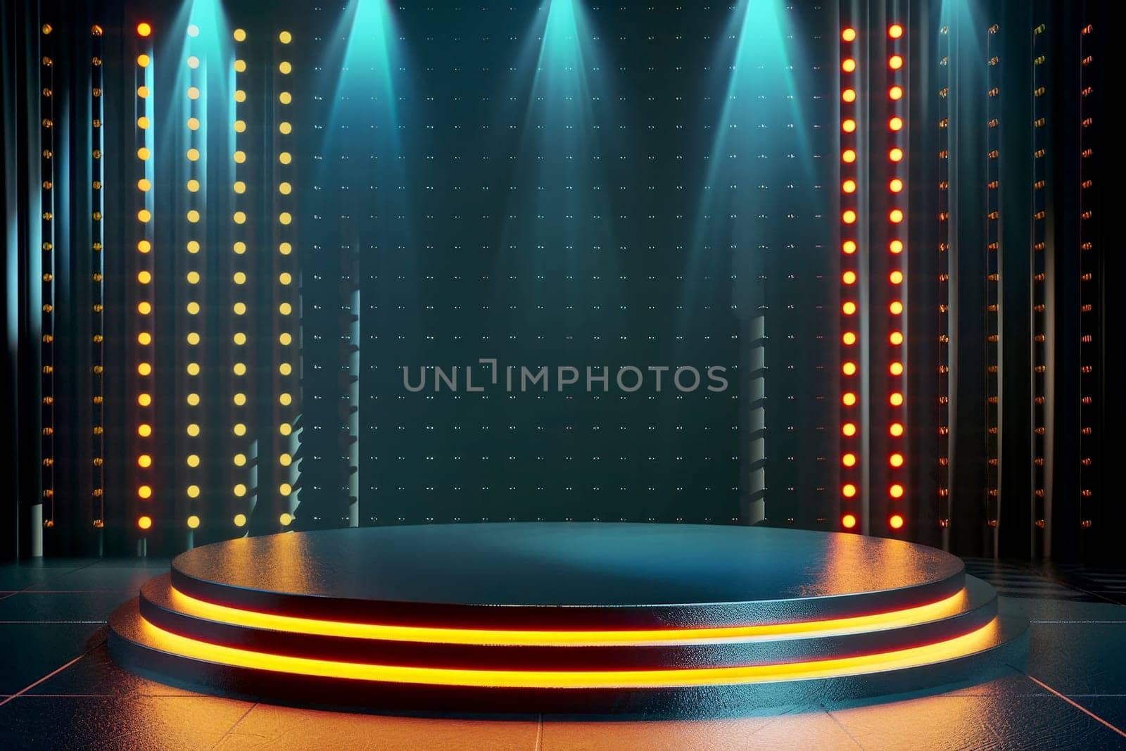 illuminated blue light circle stage podium. AI Generative by matamnad