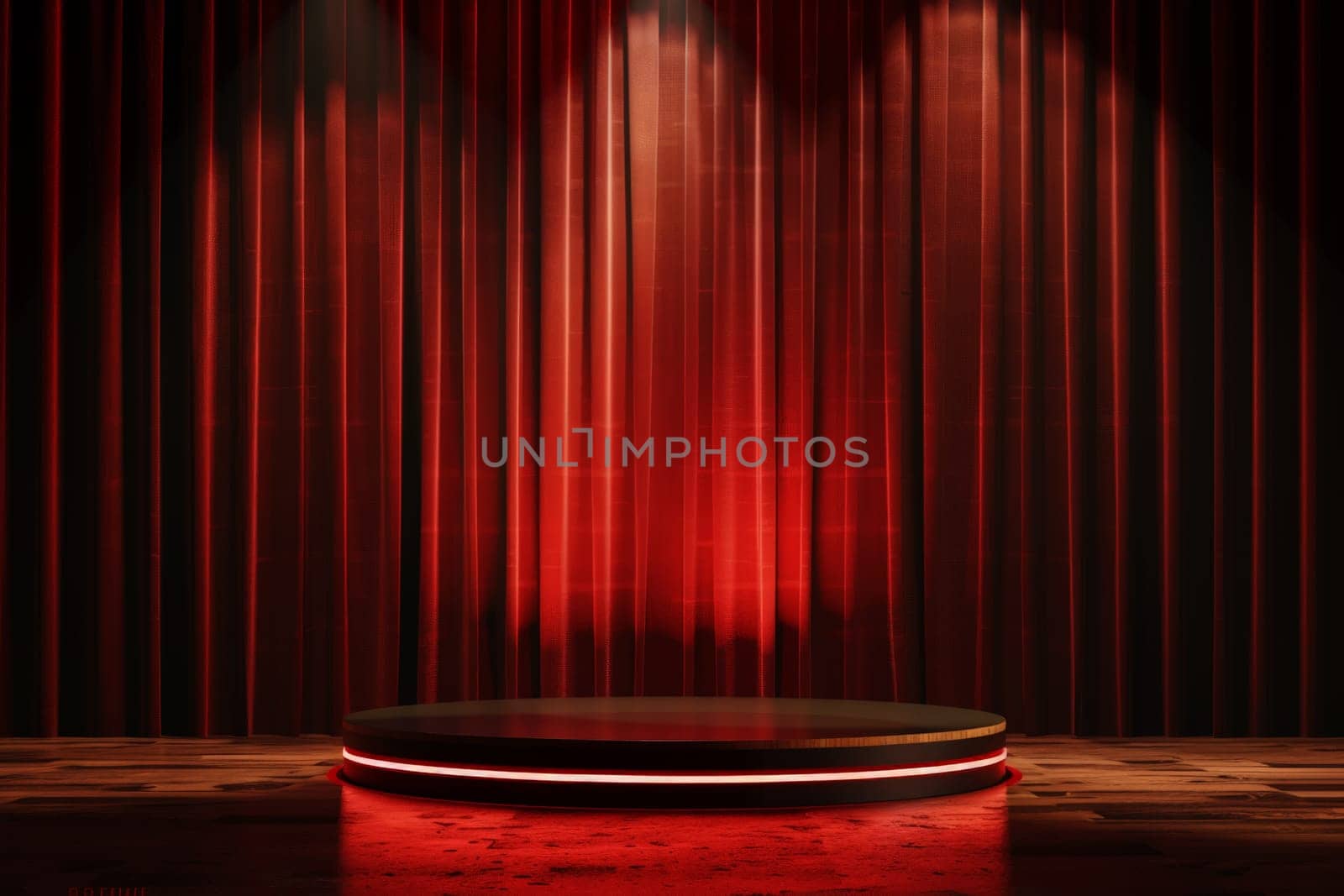 illuminated red light circle stage podium. AI Generative.
