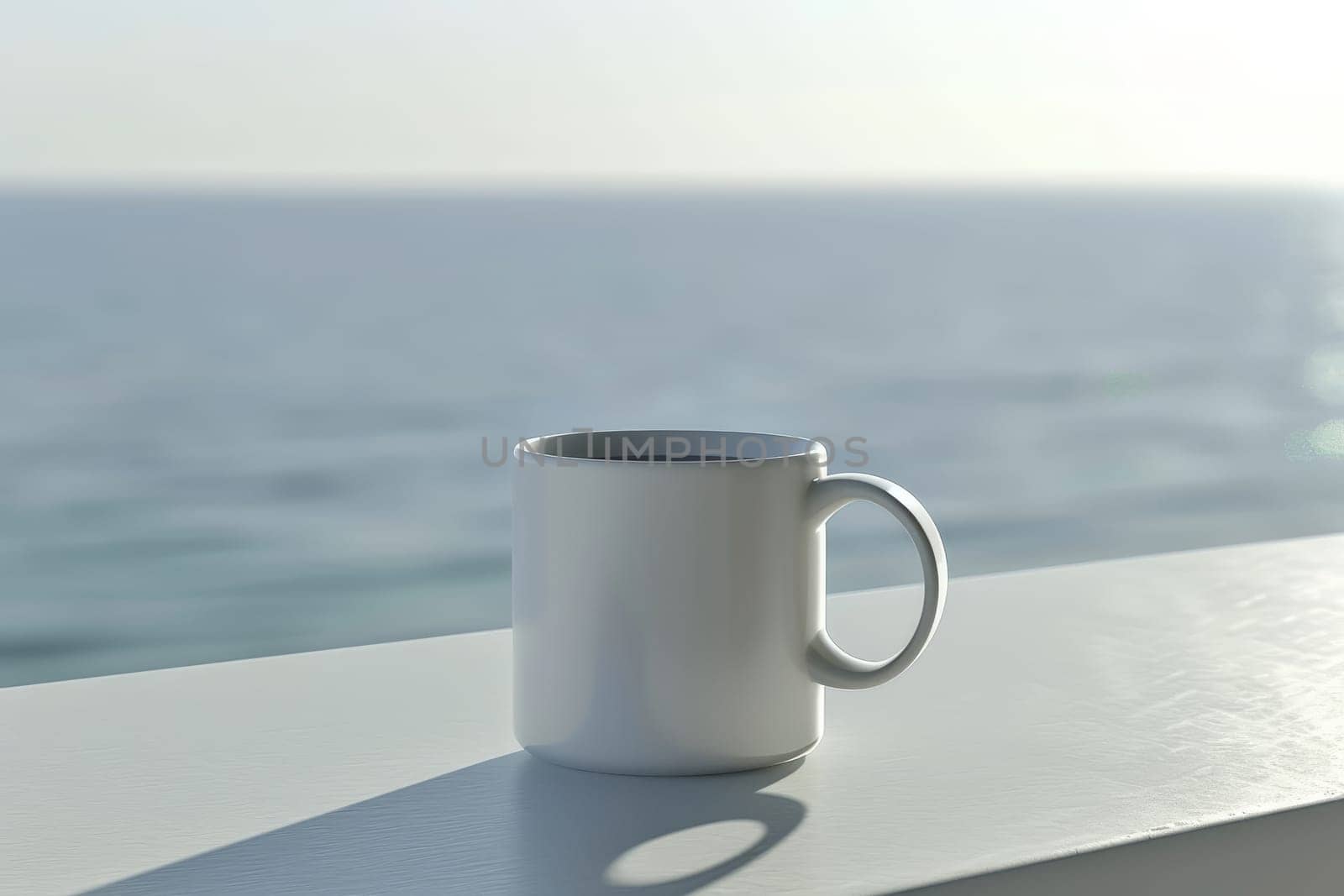 mug mock up of blank white coffee mug, mug on a table, sea on background . ai generative.