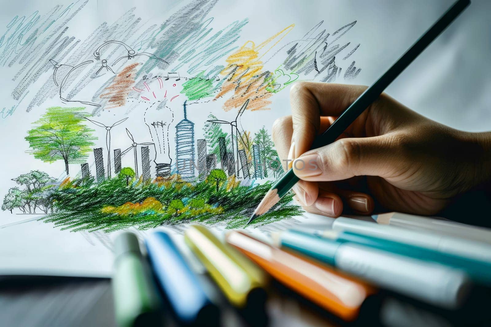 A hand is drawing a city with trees and buildings. renewable energy .ai generative.