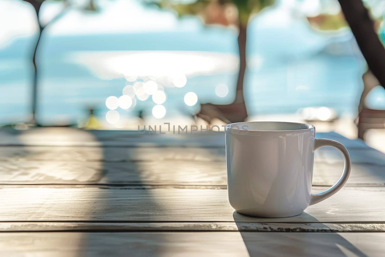 mug mock up of blank white coffee mug, mug on a table, sea on background . ai generative by matamnad