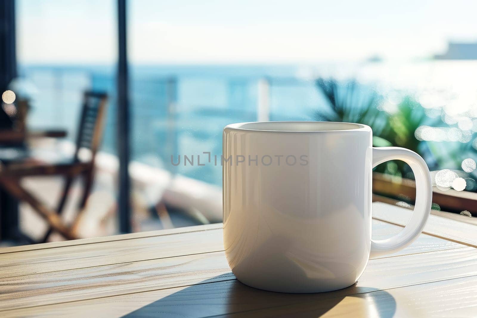 mug mock up of blank white coffee mug, mug on a table, sea on background . ai generative by matamnad