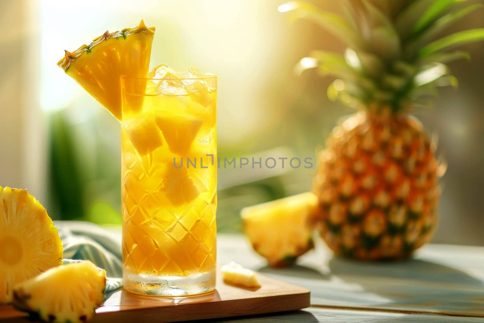 pineapple juice next to a pineapple on a counter top with a half of the pineapple in the foreground. generative ai by matamnad