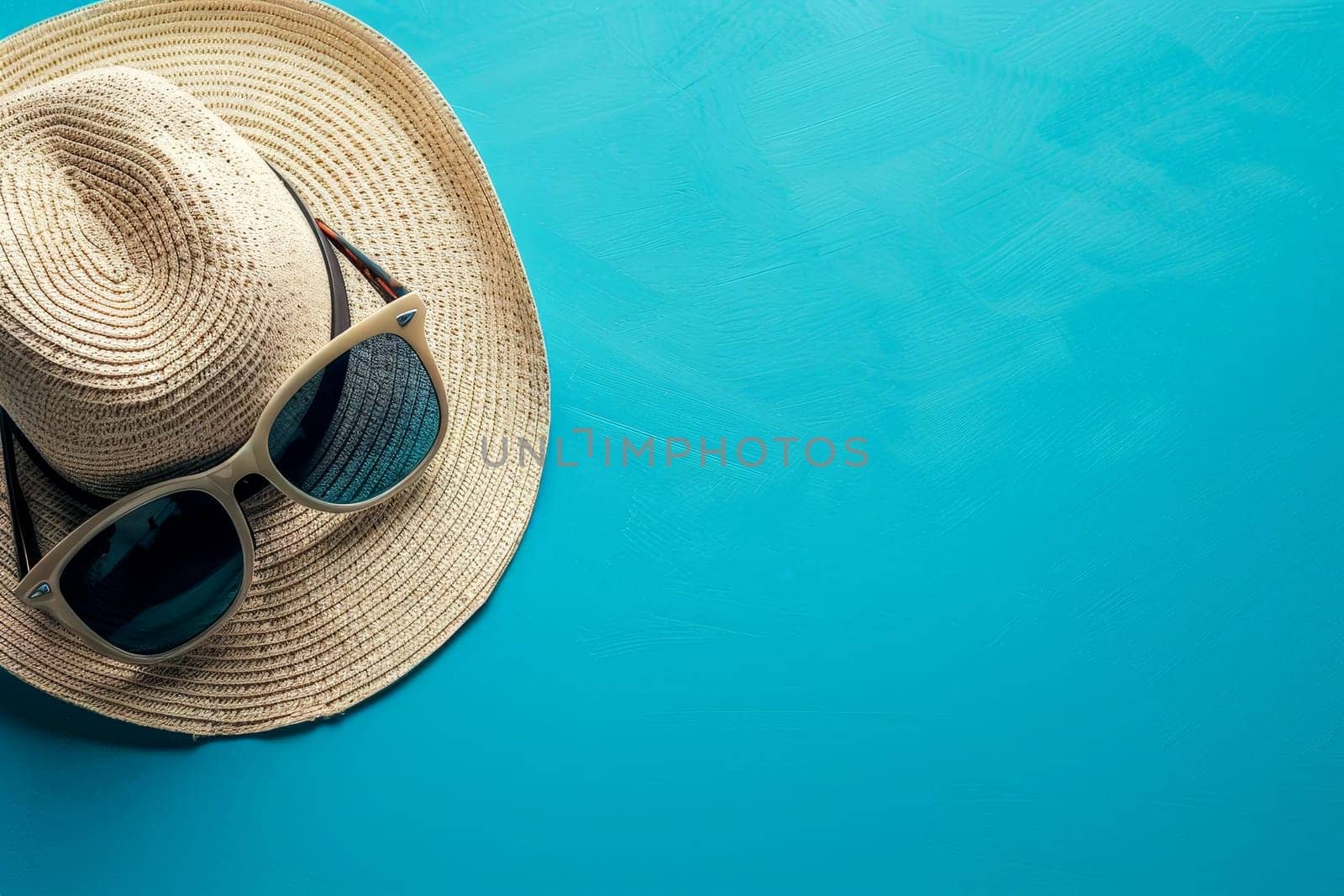 A straw hat with sunglasses on top of it is on a blue background.ai generative by matamnad