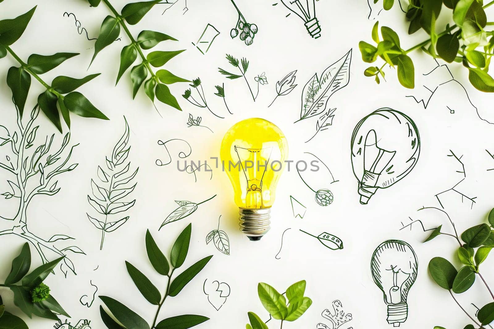 A light bulb is surrounded by a circle of leaves and flowers. renewable energy .ai generative by matamnad