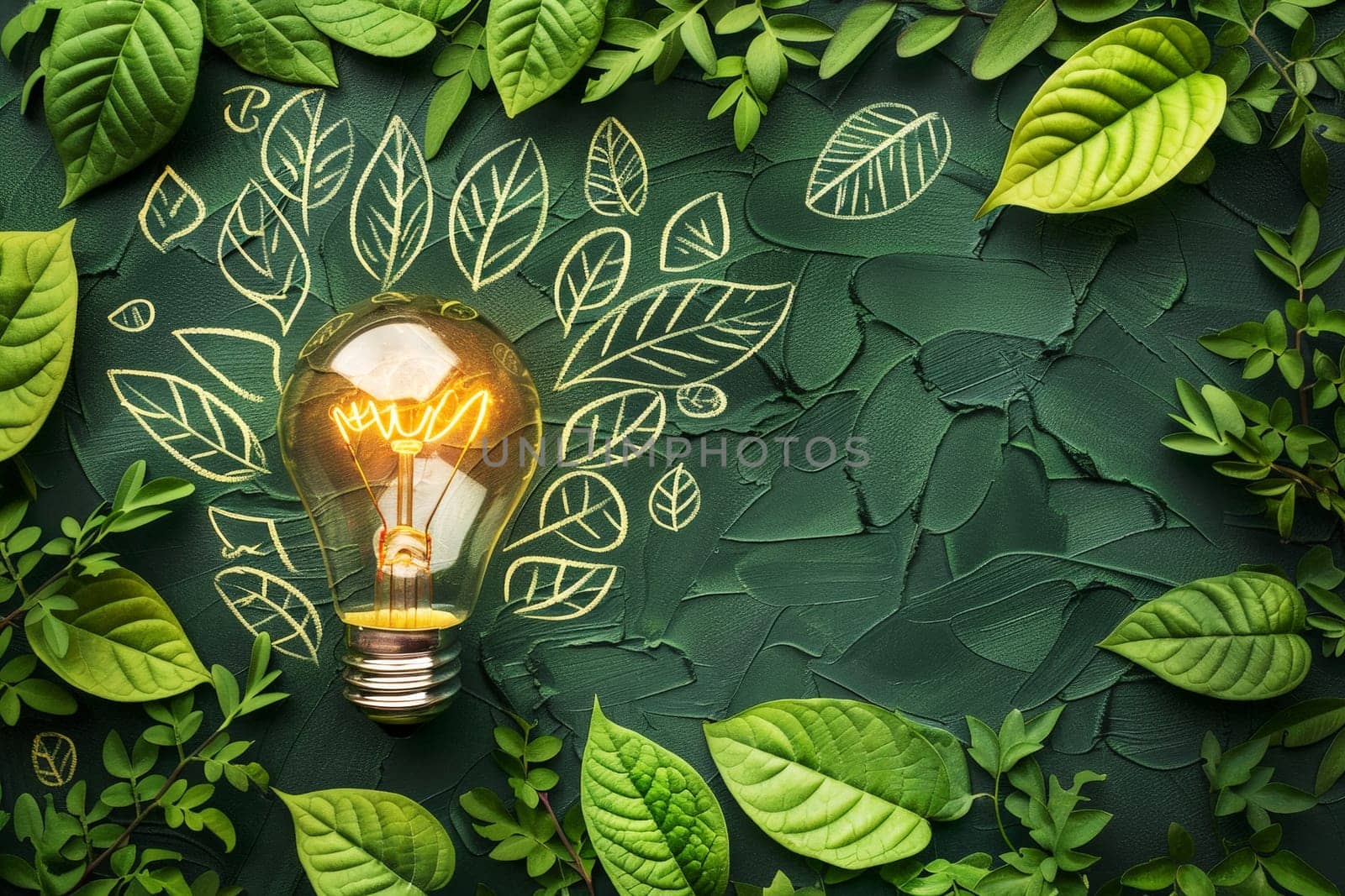A light bulb is surrounded by a circle of leaves and flowers. renewable energy .ai generative.
