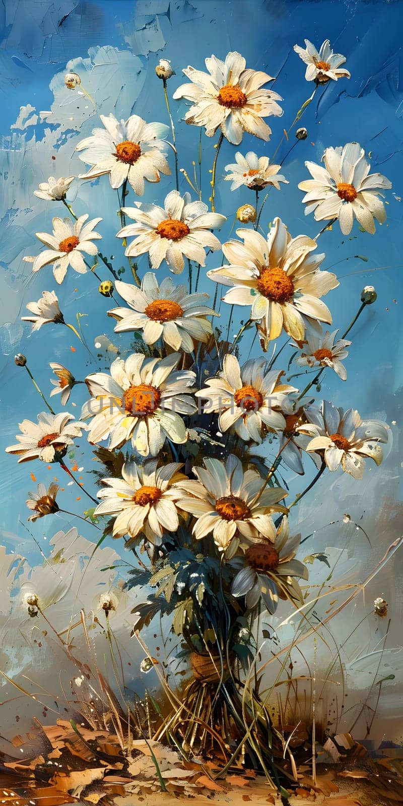 A beautiful painting depicting a bunch of daisies against a vibrant blue sky. The flowers are shown in exquisite detail, capturing the essence of natures beauty