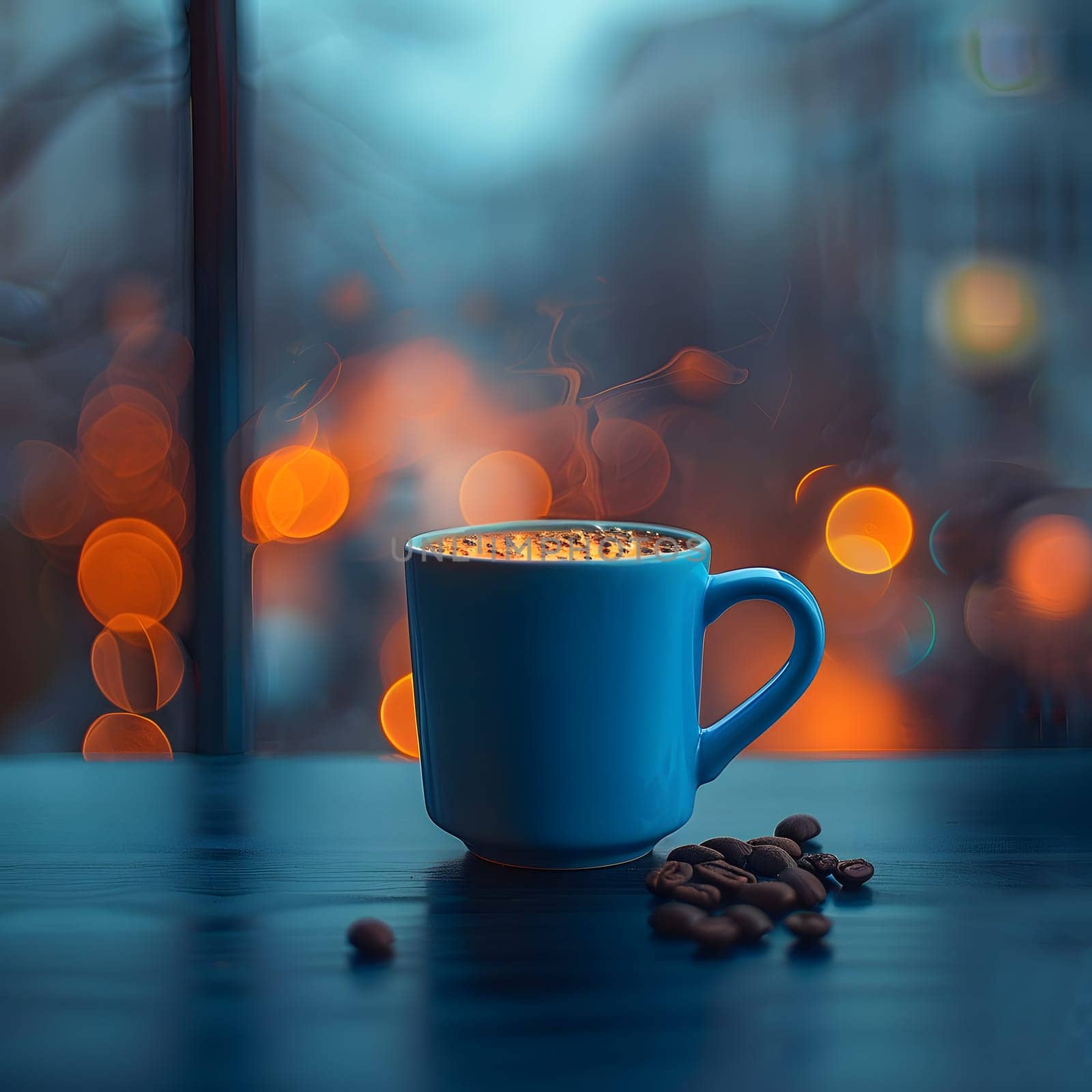 A Coffee cup rests on a Tableware in front of a window, with the Sky reflecting on its surface. The orange hue complements the serene view