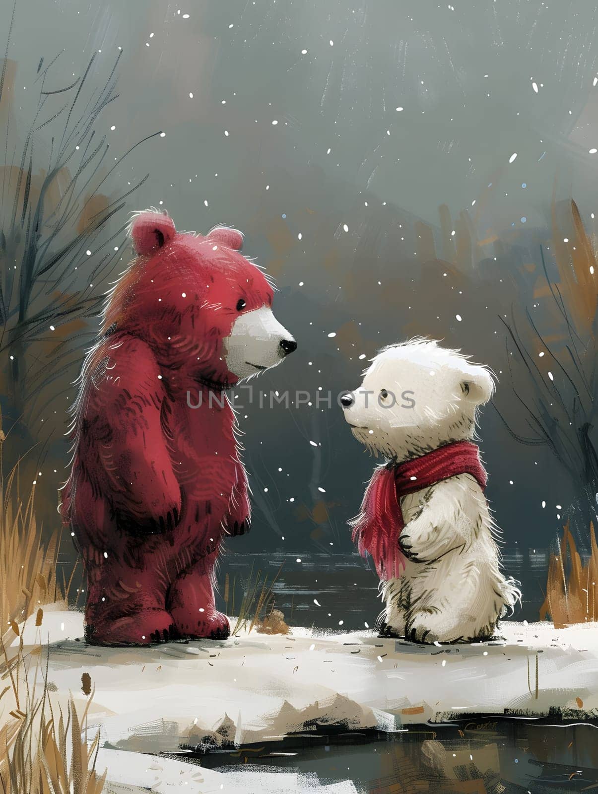 Two teddy bears, one red and one white, are standing side by side in the snowy landscape, their fur contrasting against the white snow