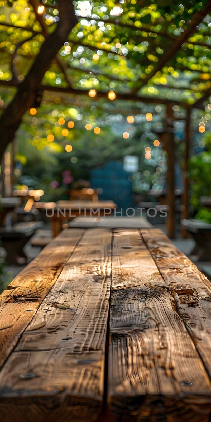A sturdy wooden table is placed beneath a canopy in a lush garden, surrounded by trees, grass, and natural landscape, bathed in sunlight
