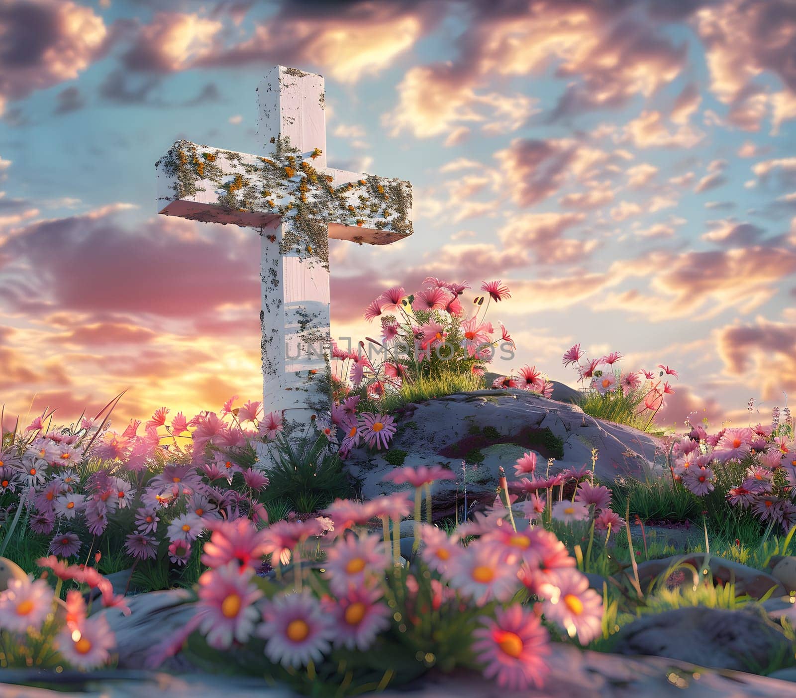 A cross stands tall in a field of vibrant pink flowers as the sun sets, casting a warm glow over the natural landscape. The artful scene is enhanced by the colorful sky and fluffy clouds