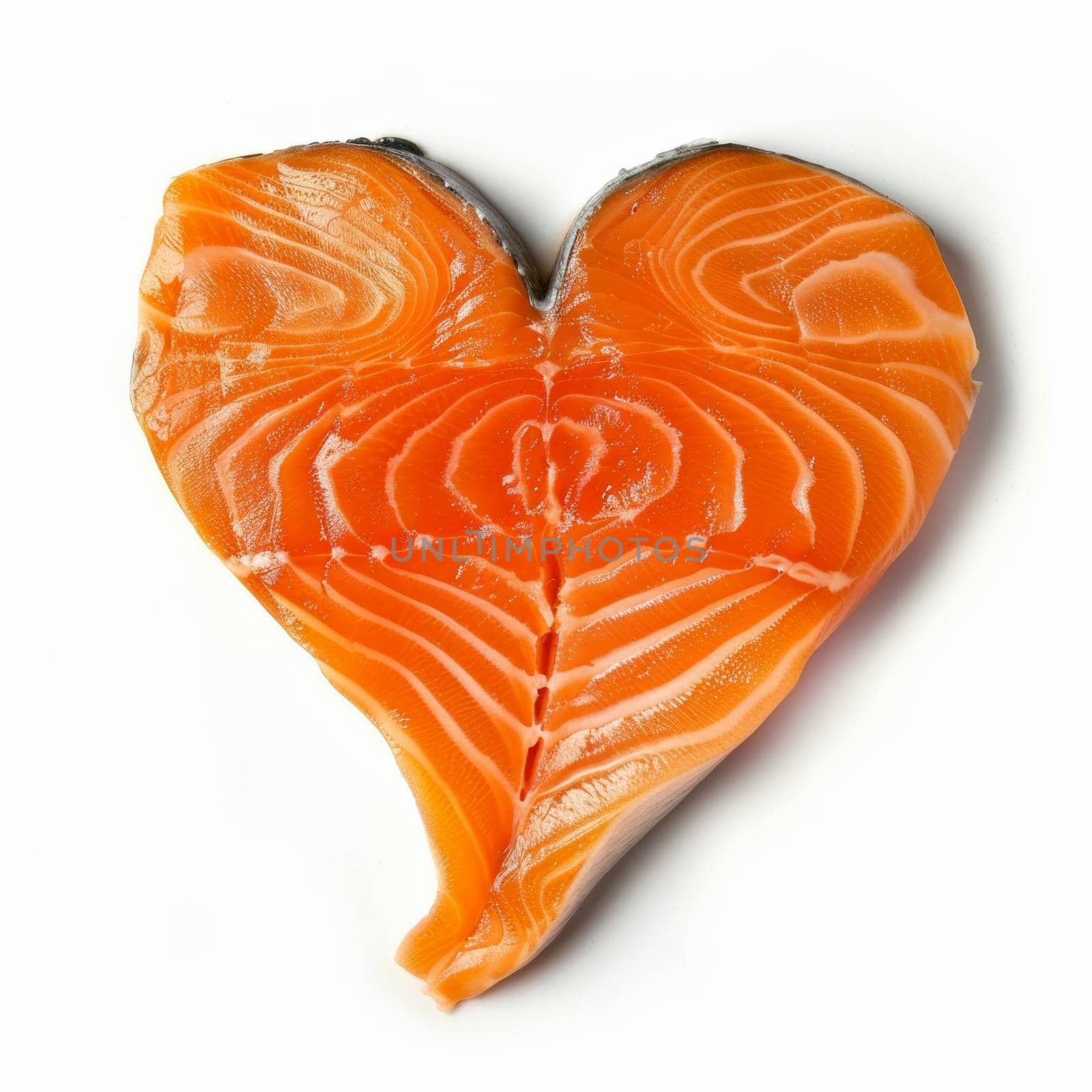Top view of a slice of heart shaped salmon fillet isolated on white background by papatonic