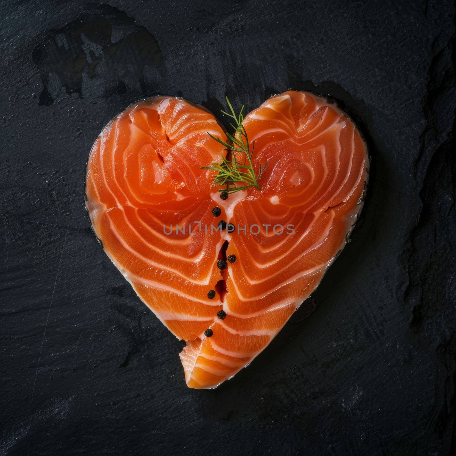 Top view of a slice of heart shaped salmon fillet isolated on dark background.