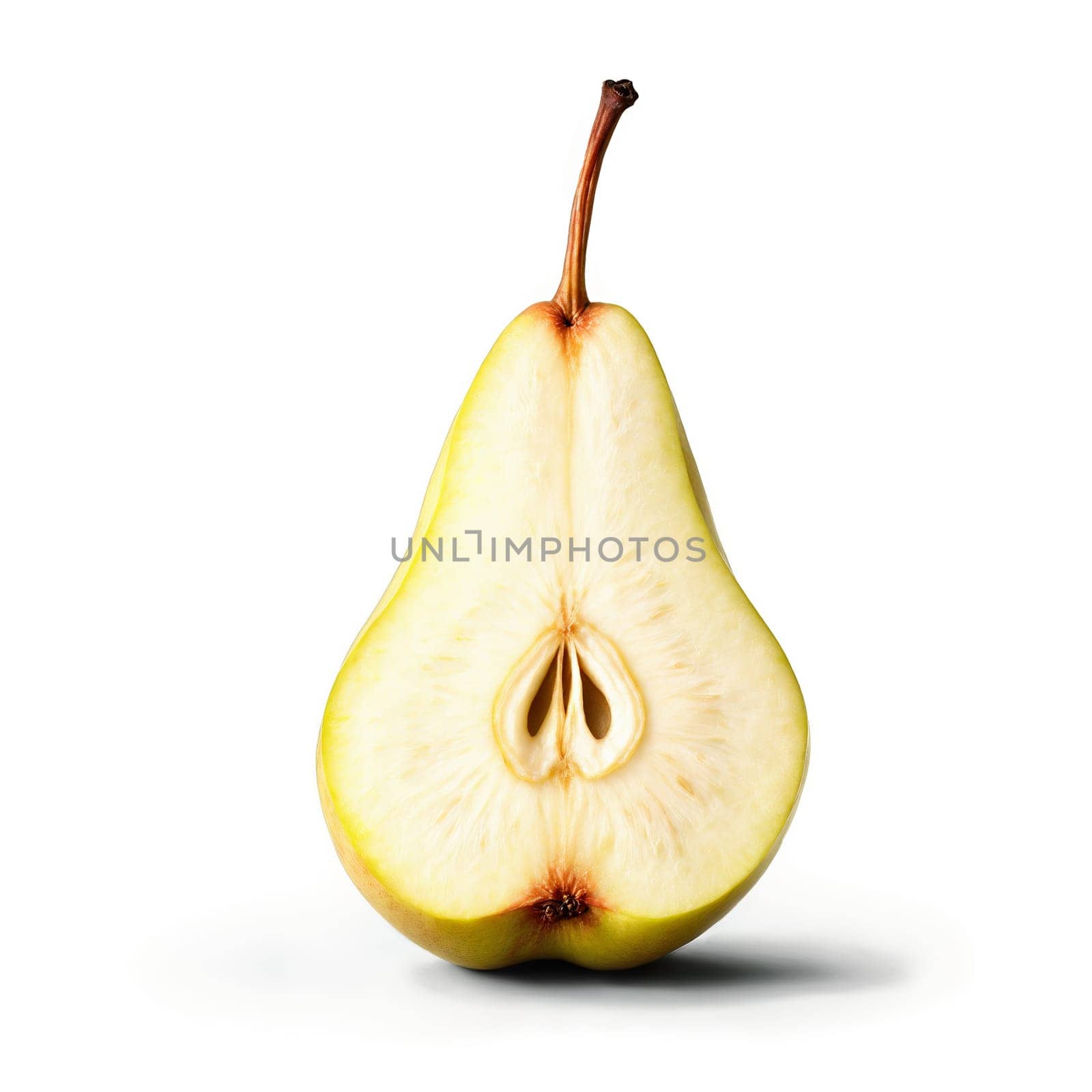 Pear with sliced half and core exposed in juicy flesh levitating Food and culinary concept by panophotograph