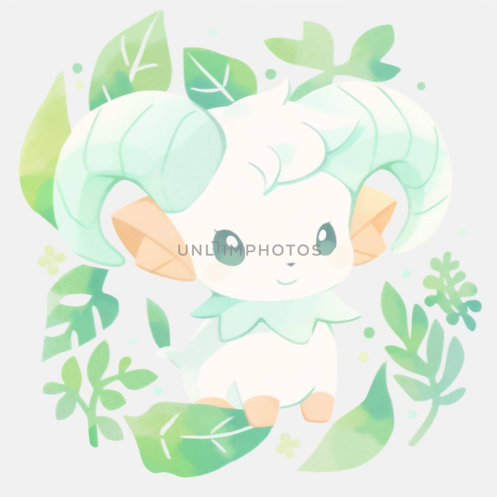 Cute Sheep in Tropical Leaves. Illustration of Ram in Pastel Colors. by Rina_Dozornaya