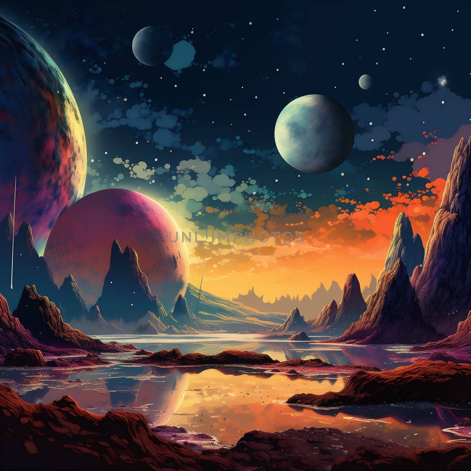 A Surface of Planet with Mountains. Fantasy Landscape. by Rina_Dozornaya