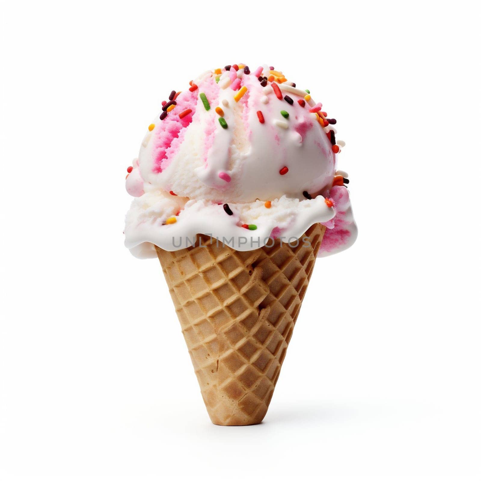 Ice Cream Cone Vanilla and Strawberry Flavors Isolated on White Background. by Rina_Dozornaya