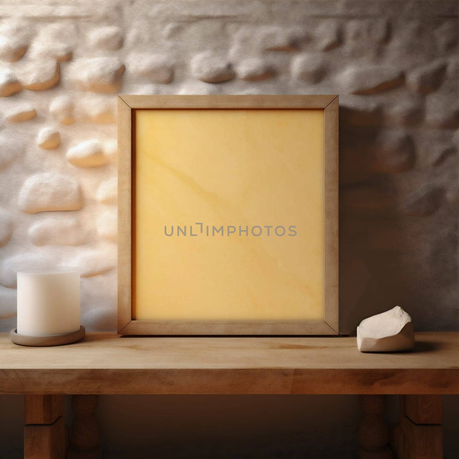 Poster Frame Design Ttemplate for Exhibition or Advertising. Picture Frame Mock Up on Brick Wall. Mockup Poster Frame with Ethnic Decor Close up in Loft Interior. Boho Beige Livingroom with Picture Frame Background.
