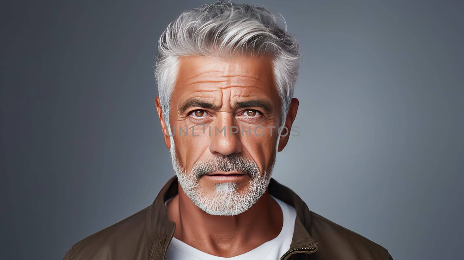 Handsome elderly elegant Latino with gray hair, on a gray background, banner, active old age. Advertising of cosmetic products, spa treatments, shampoos and hair care products, dentistry and medicine, perfumes and cosmetology for older men.