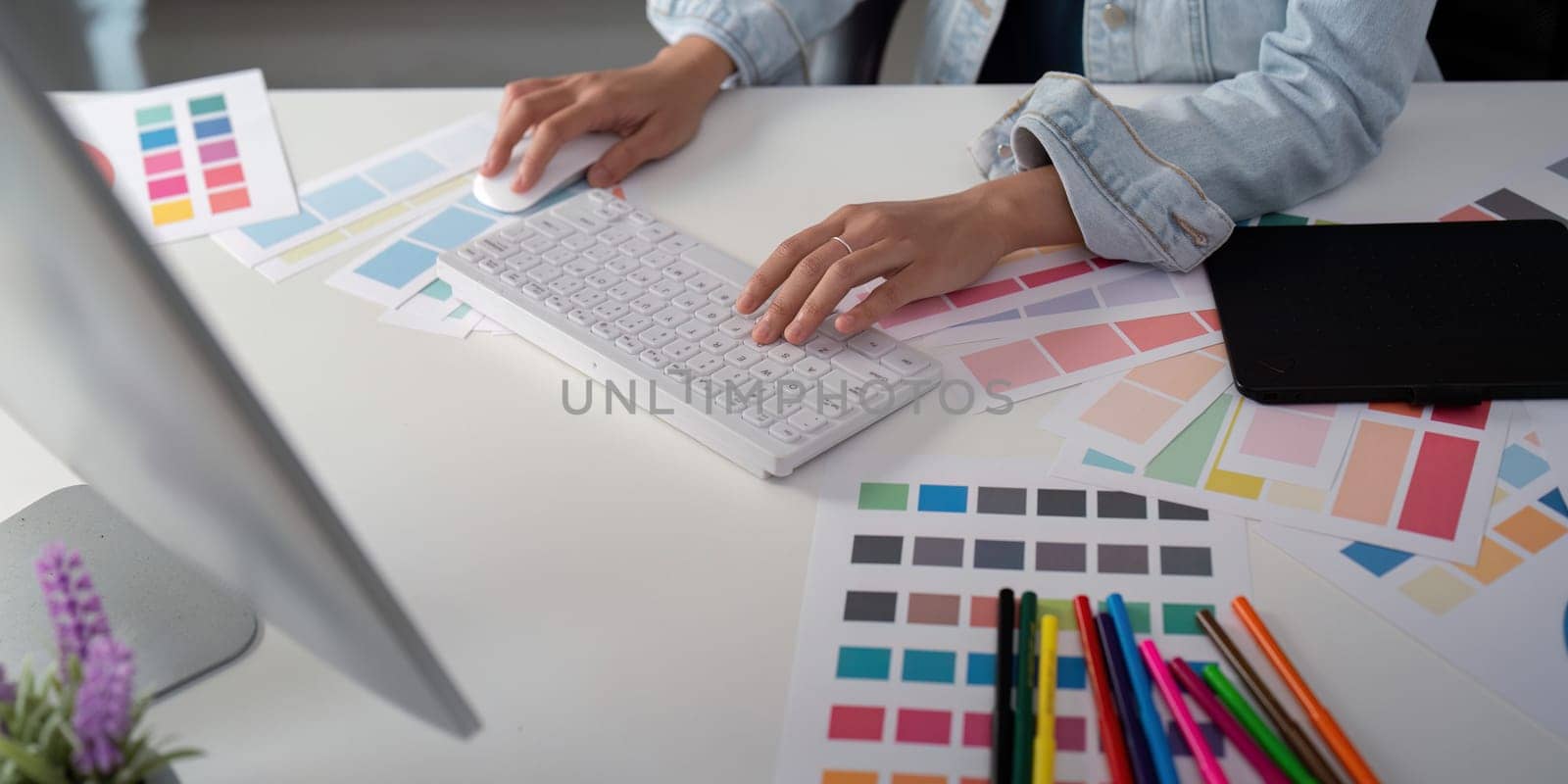 Asian woman graphic designer working in home office. Artist creative designer illustrator graphic skill concept by nateemee