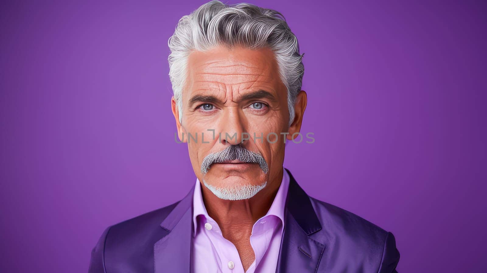 Handsome elderly elegant latino with gray hair, on purple background, banner, active old age. Advertising of cosmetic products, spa treatments, shampoos and hair care products, dentistry and medicine, perfumes and cosmetology for older men.