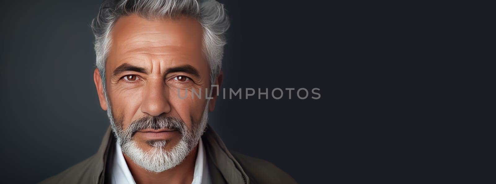 Handsome elderly elegant latino with gray hair, on a silver background, banner, active aging. Advertising of cosmetic products, spa treatments, shampoos and hair care products, dentistry and medicine, perfumes and cosmetology for older men.